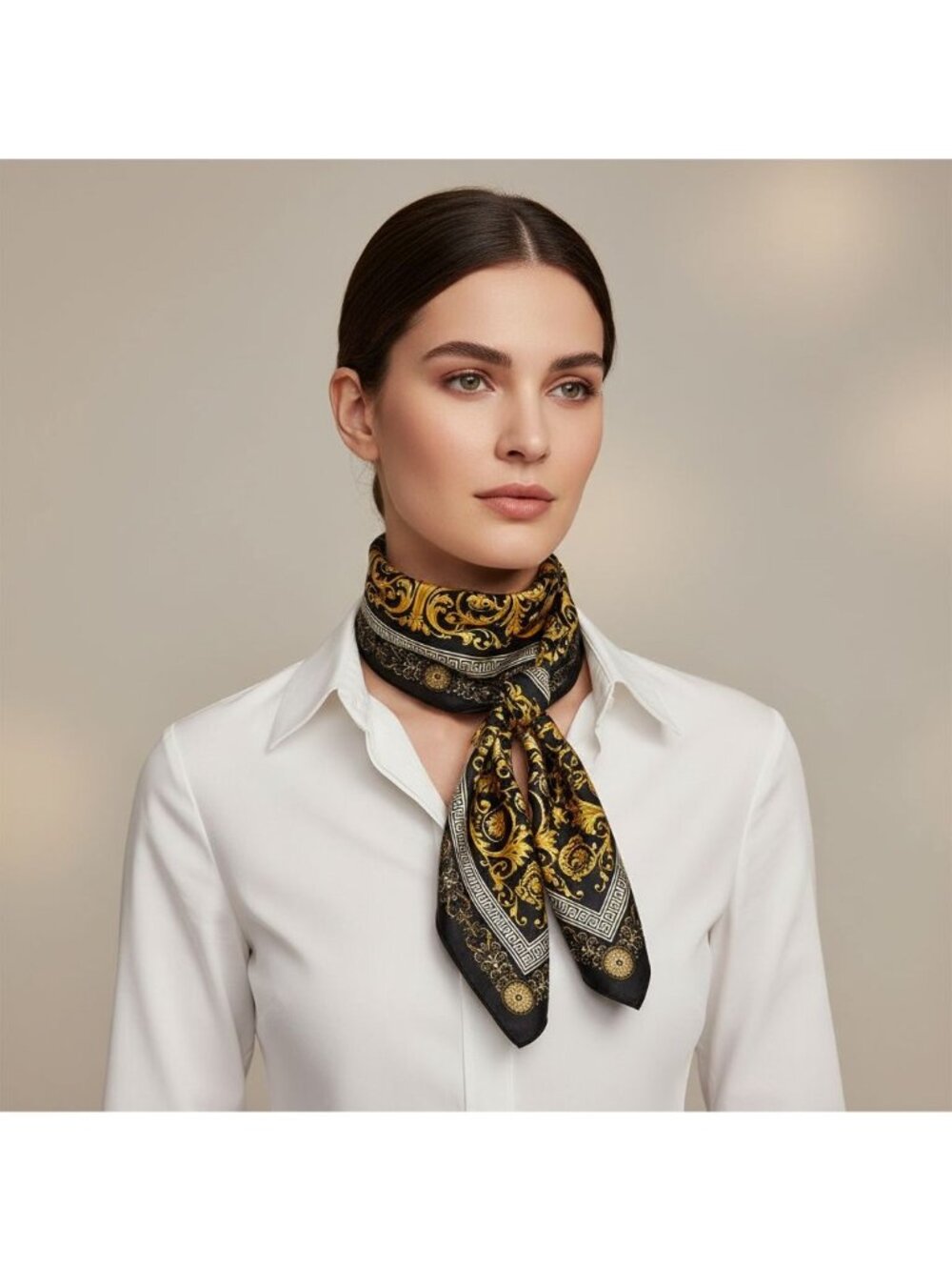 Luxury Gold Baroque Satin Square Scarf for Women – Black & Gold Ornate Chain - Picture 4 of 7